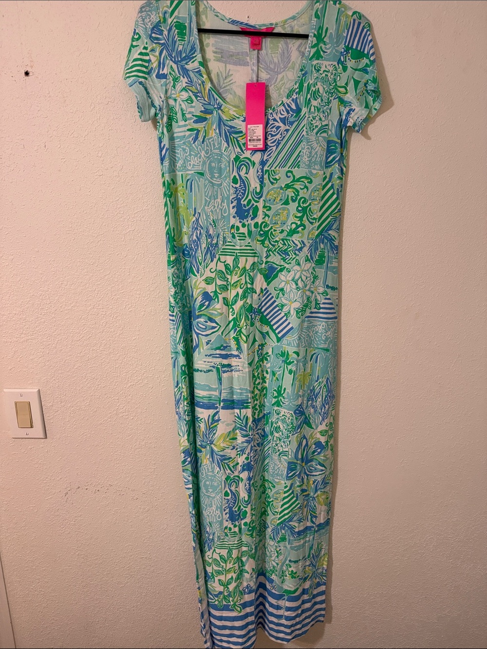 Lilly Pulitzer Aqua, Blue & Green Patchwork Floral Maxi Dress
